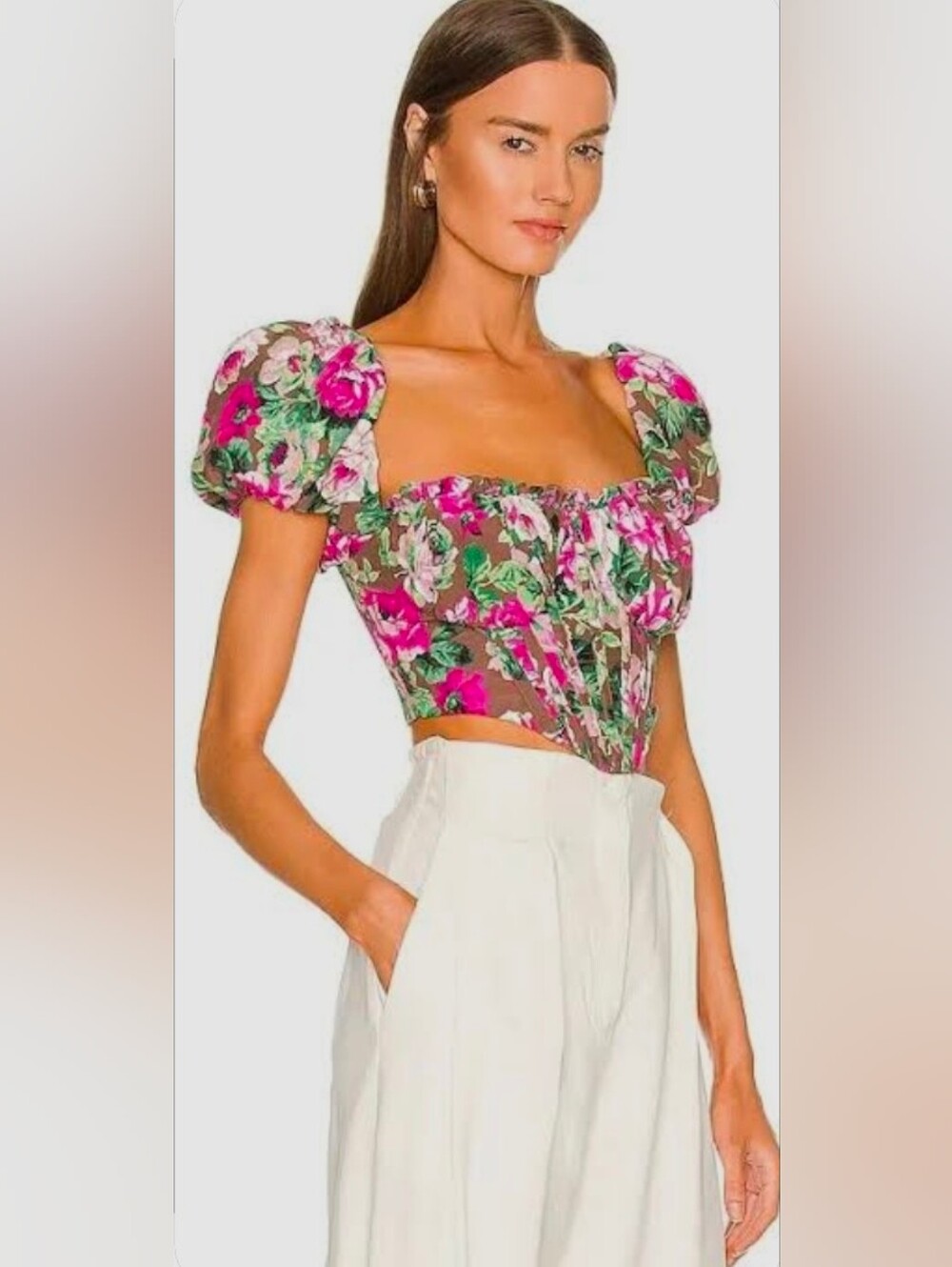 LPA Claudette Corset Top in Simone Print Floral Puff Sleeve Revolve Size Med